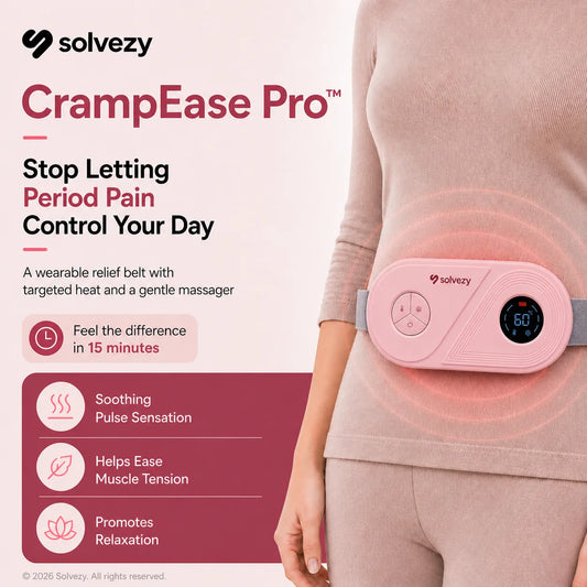 Solvezy™ Pink Period Cramp Relief Massager & Heating Pad | Cordless TENS 3 Heat 4 Modes